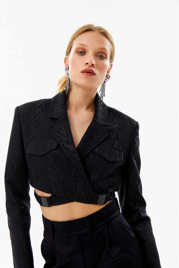 Dokulu Saten Tokalı Ceket Siyah