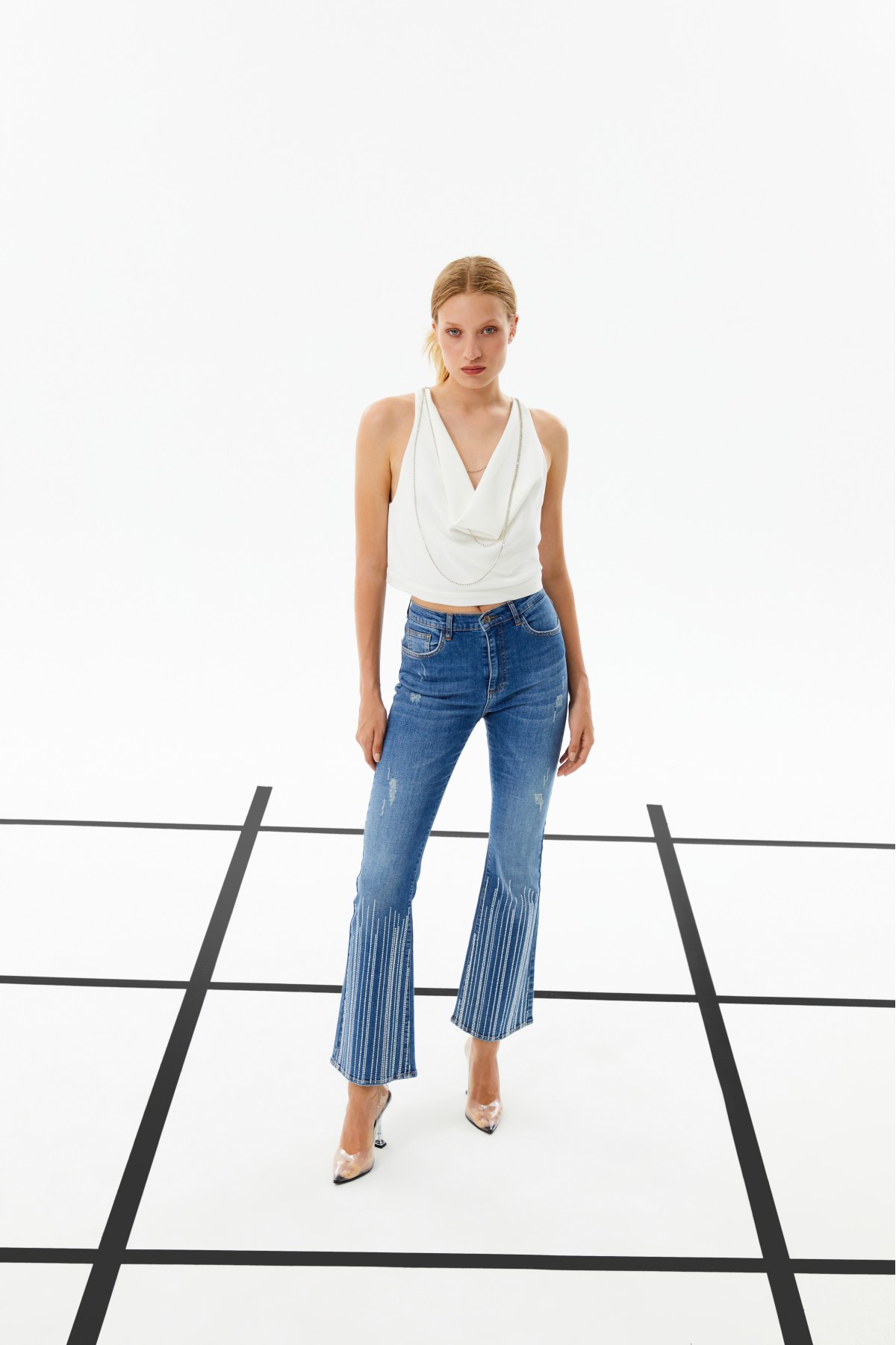 Paçası Taşlı Denim Pantolon Mavi