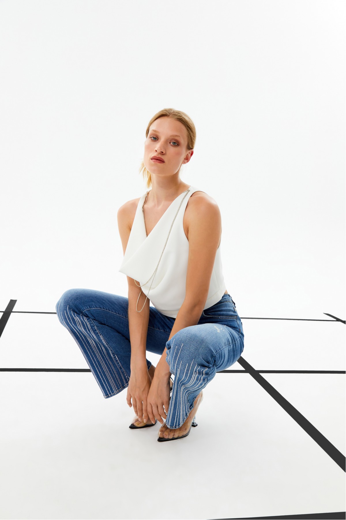 Paçası Taşlı Denim Pantolon Mavi