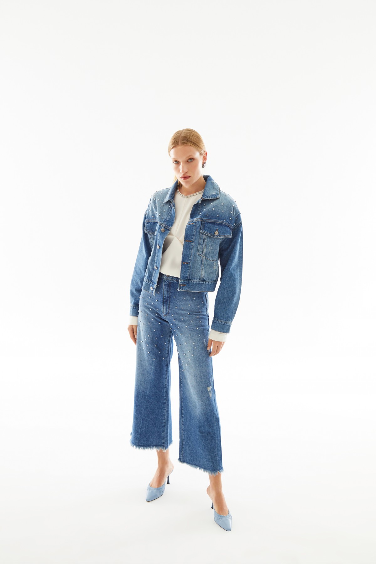 Geniş Paça Troklu Denim Pantolon Mavi Geniş Paça Troklu Denim Pantolon Mavi