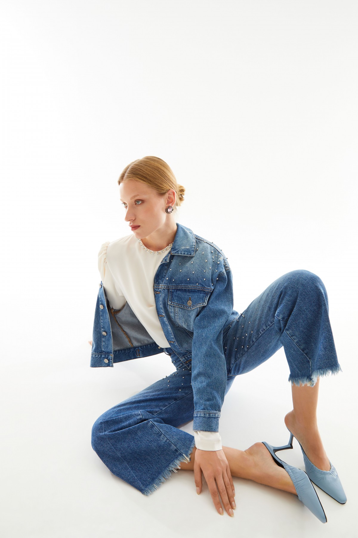 Geniş Paça Troklu Denim Pantolon Mavi Geniş Paça Troklu Denim Pantolon Mavi