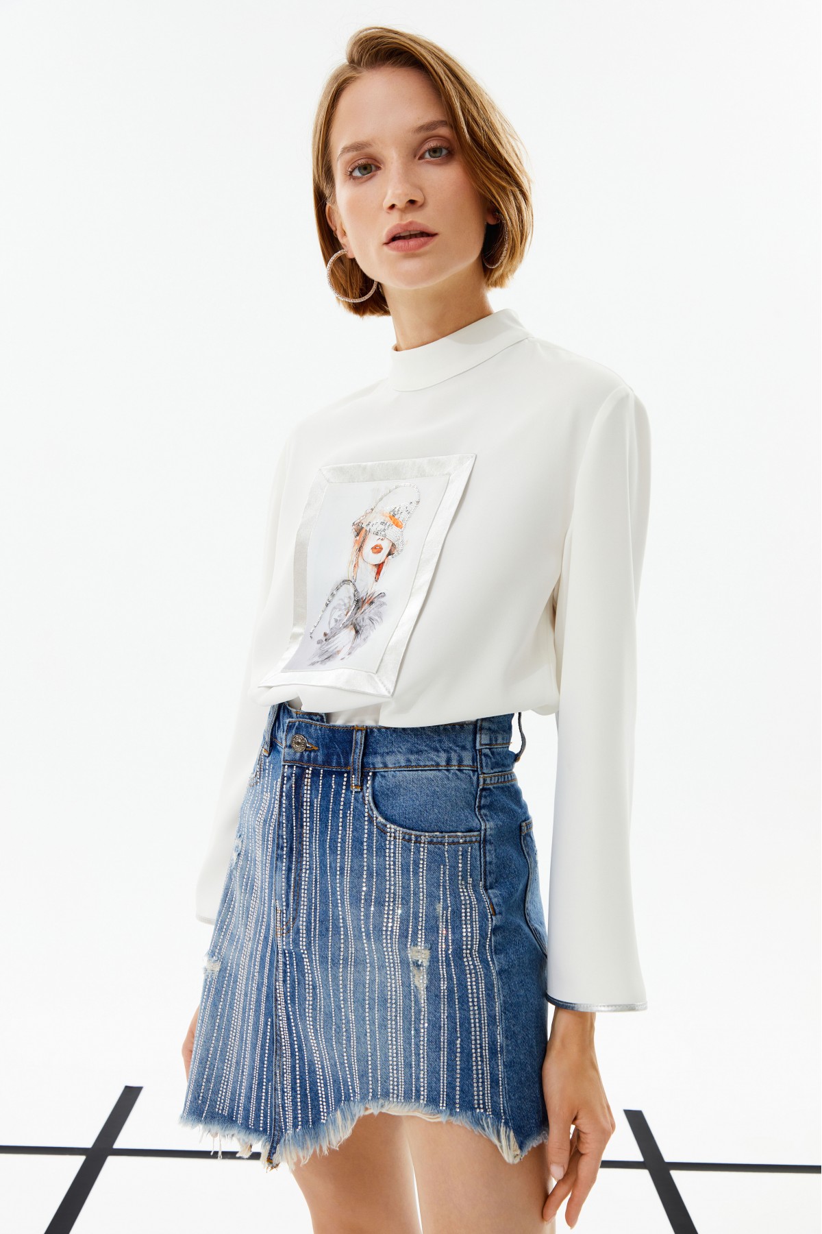 Taşlı Denim Mini Etek Mavi Taşlı Denim Mini Etek Mavi