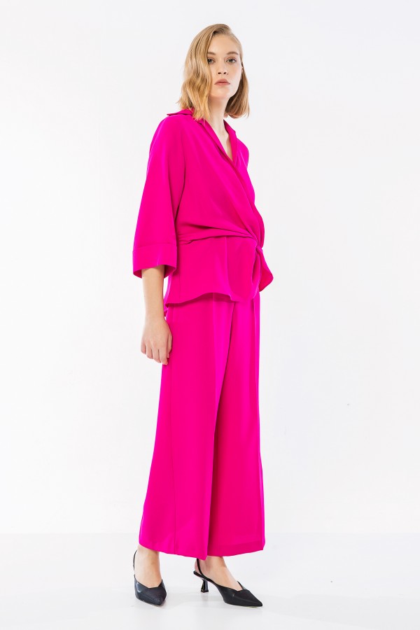 Önü Düğümlü Truvakar Bluz Fuşya