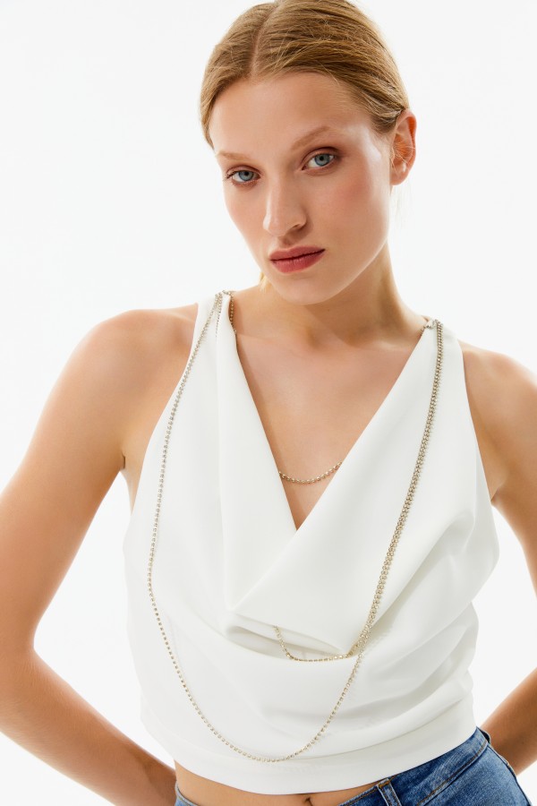 Kolyeli Degaje Yaka Crop Ekru