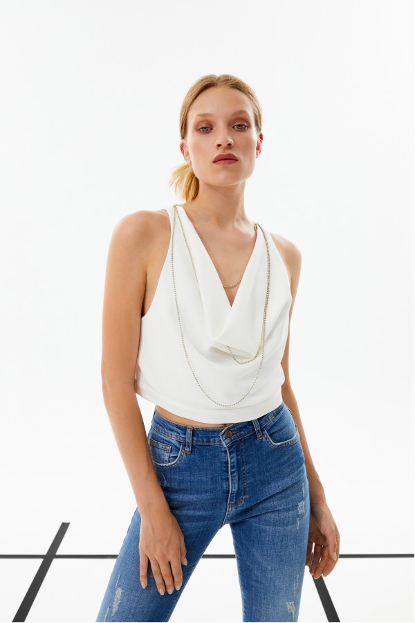 Kolyeli Degaje Yaka Crop Ekru