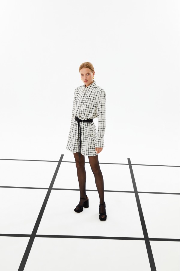 Desenli Gömlek Elbise Ekru