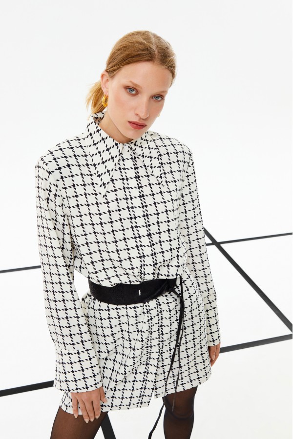 Desenli Gömlek Elbise Ekru