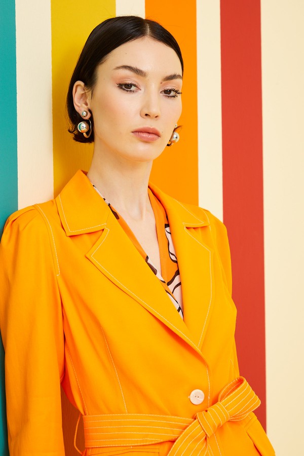 Kontrast Dikişli Kuşaklı Ceket Orange
