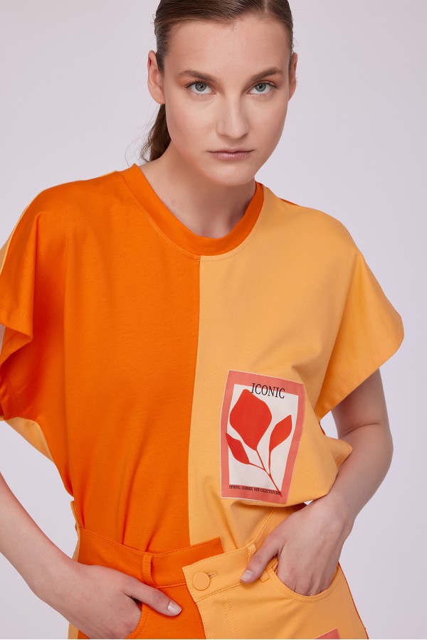 Dökümlü Çift Renk T-Shirt Orange/Mango