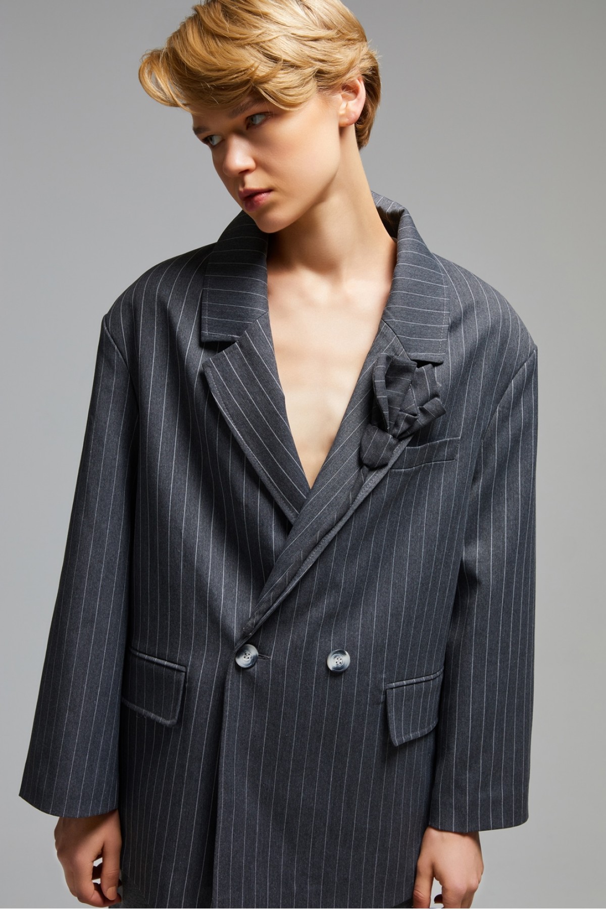 Çizgili Oversize Ceket K.gri