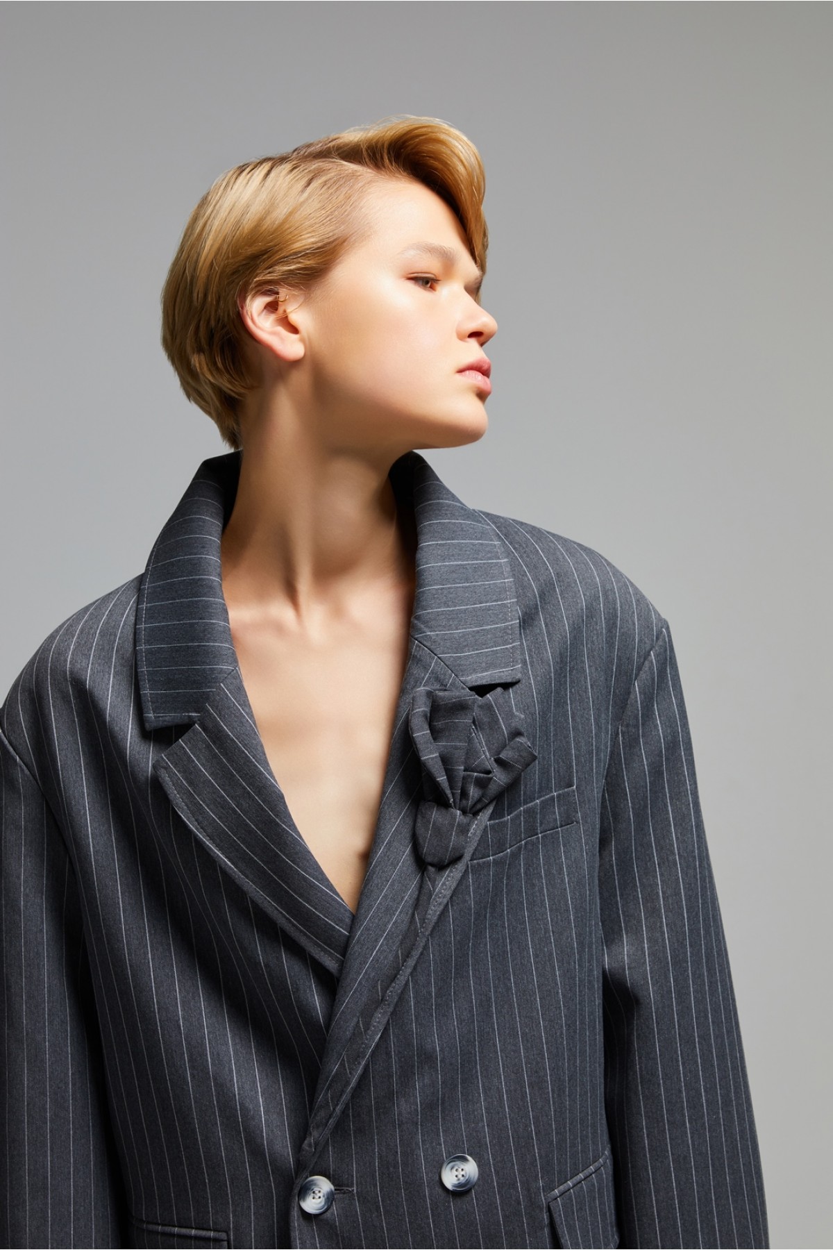 Çizgili Oversize Ceket K.gri