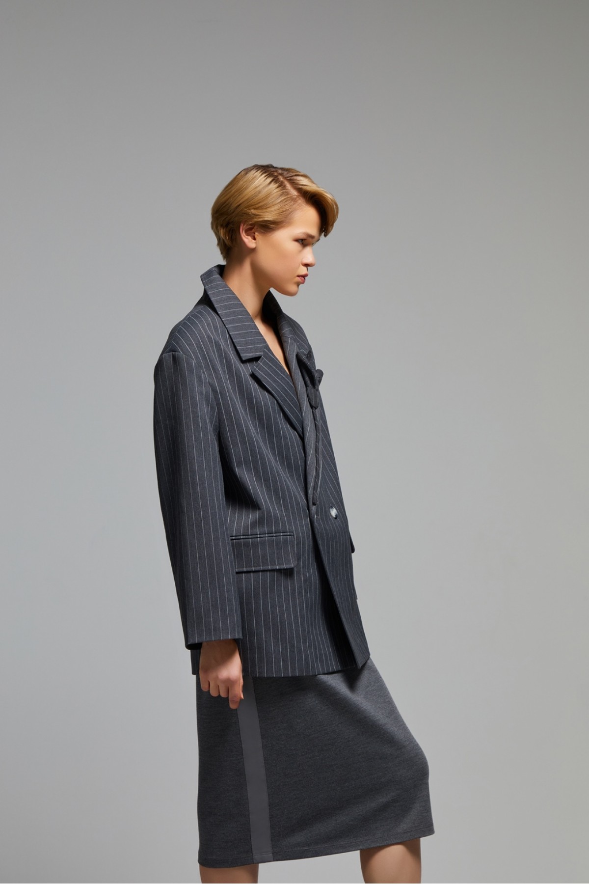 Çizgili Oversize Ceket K.gri