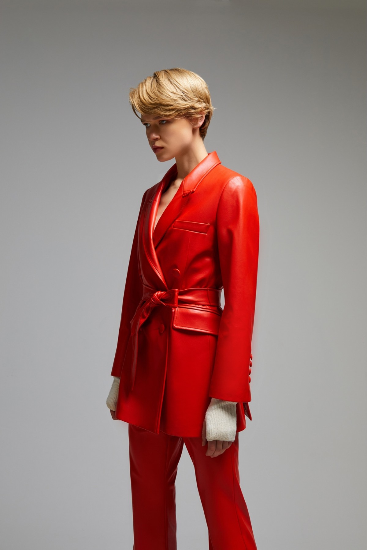 Faux Leather Breasted Jacket Red