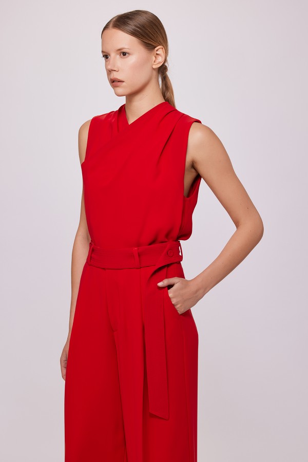 Kuşaklı Bol Pantolon Kırmızı