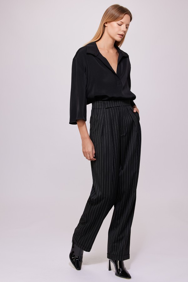 Çizgili Geniş Paça Pantolon Siyah