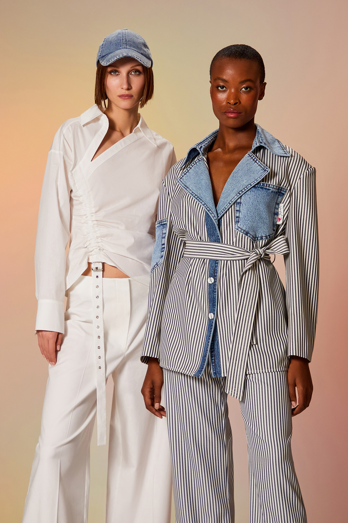Denim Detaylı Çizgili Ceket Mavi
