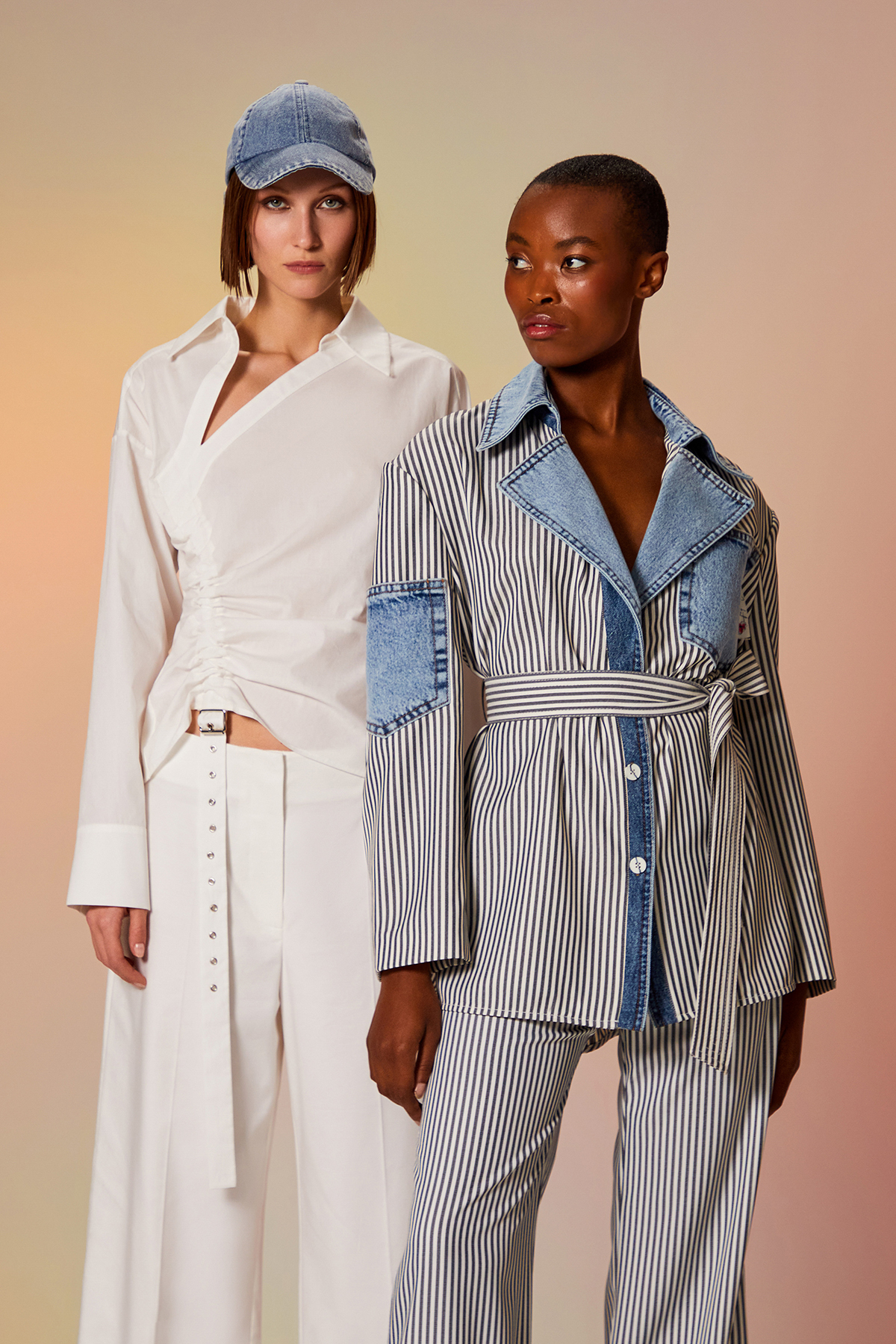 Denim Detaylı Çizgili Ceket Mavi