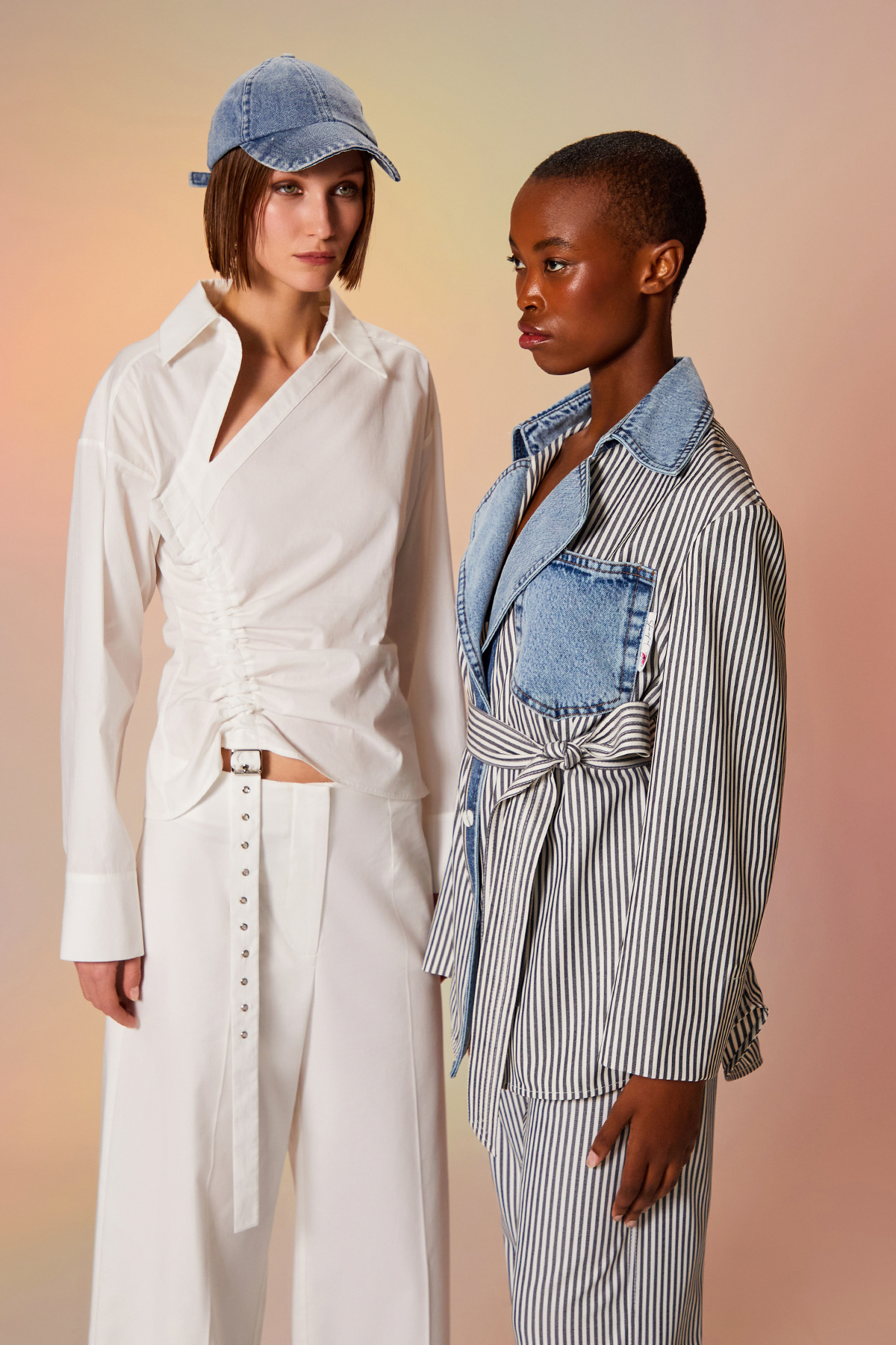 Denim Detaylı Çizgili Ceket Mavi
