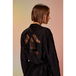 Arkası İşlemeli Kuşaklı Ceket Siyah