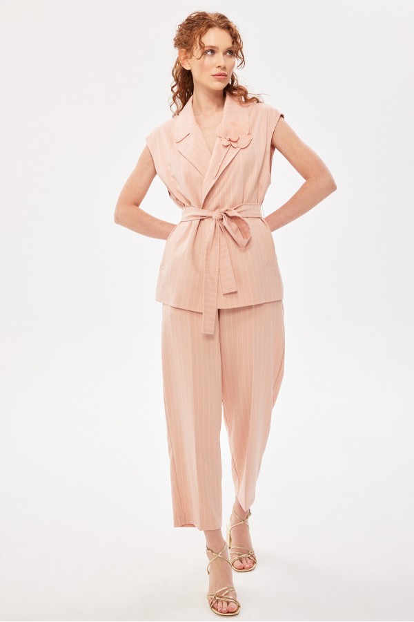 Beli Lastikli Çizgili Pantolon Pudra