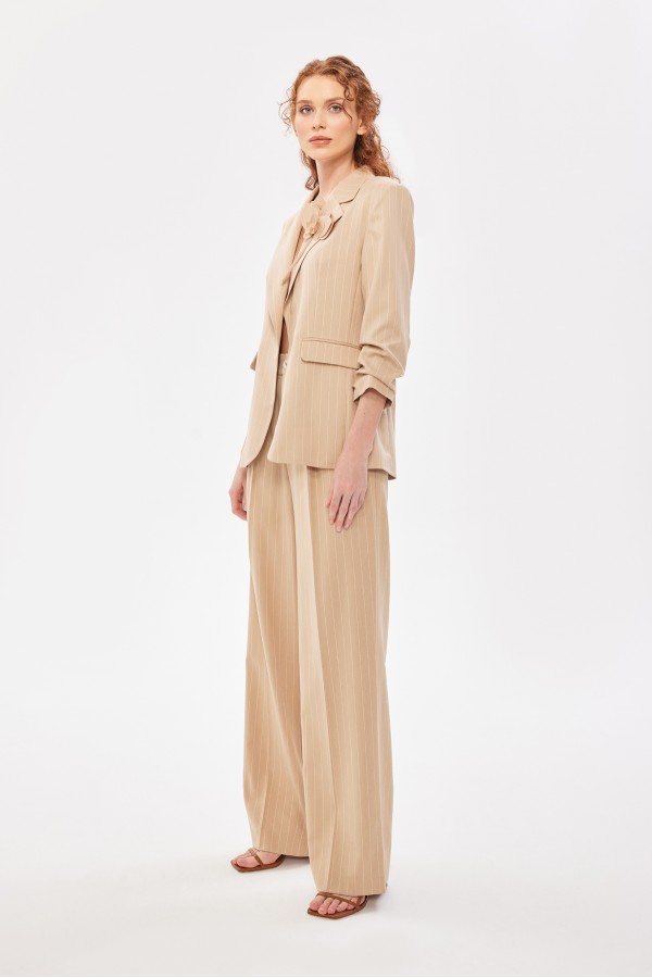 Bol Paça Çizgili Pantolon Bej