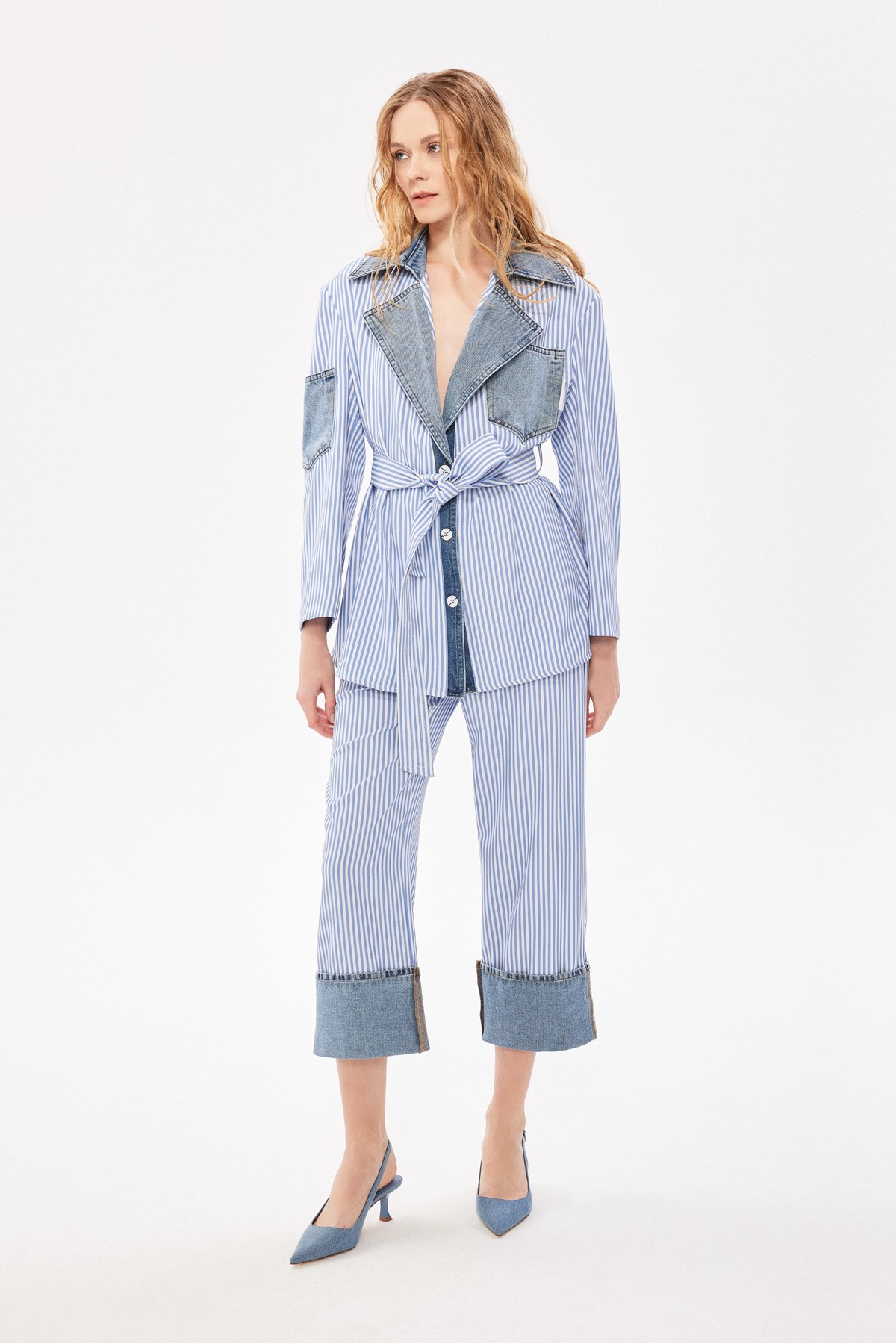 Denim Detaylı Çizgili Pantolon Mavi