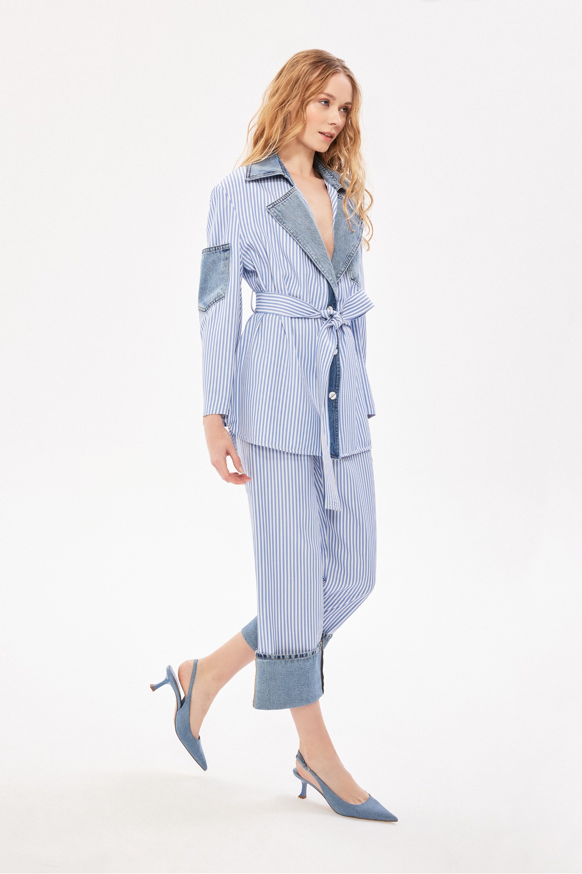 Denim Detaylı Çizgili Pantolon Mavi