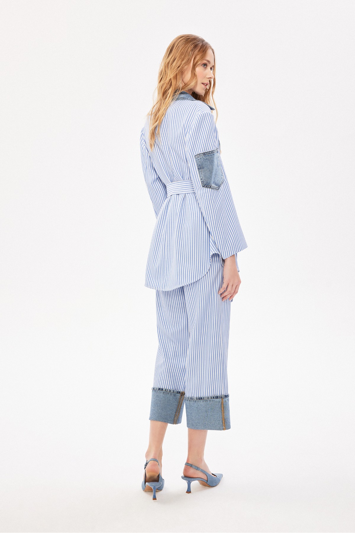 Denim Detaylı Çizgili Pantolon Mavi