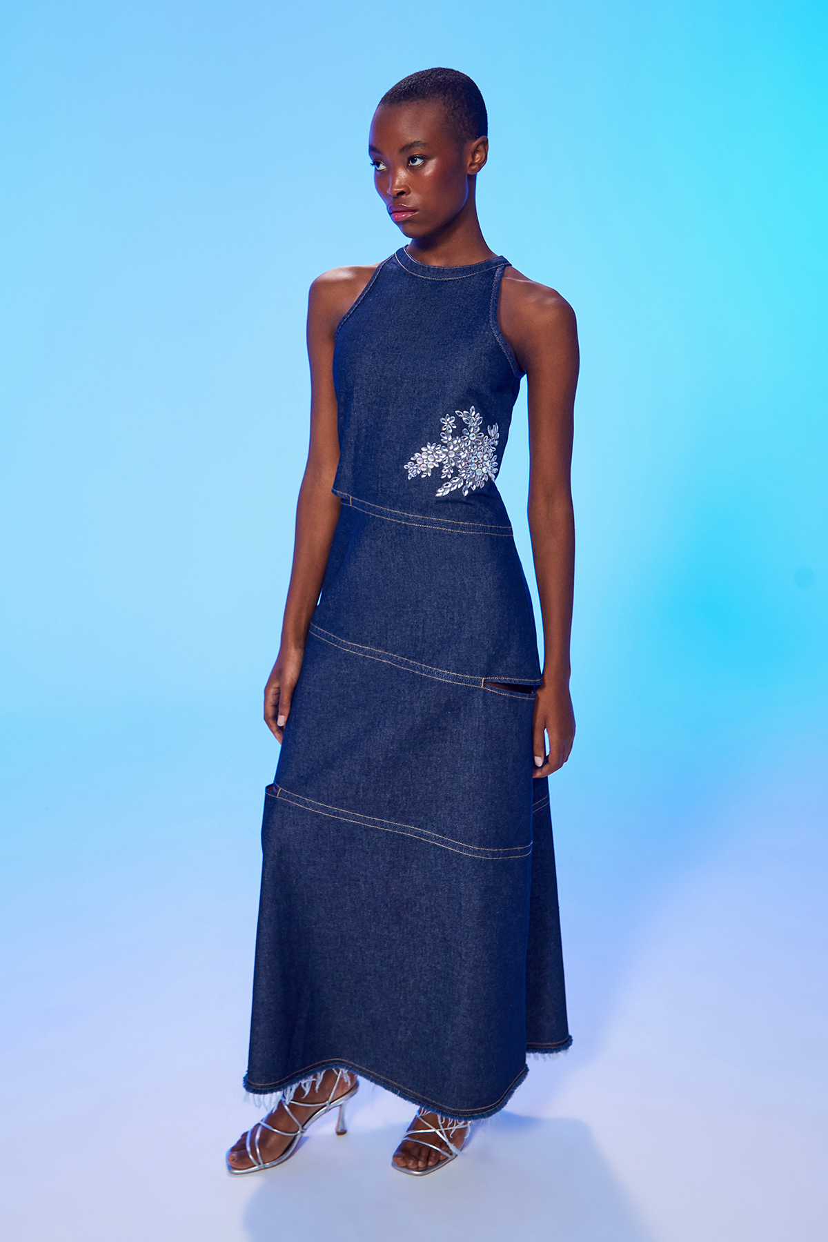 Taşlı Halter Yaka Maxi Denim Elbise Indigo