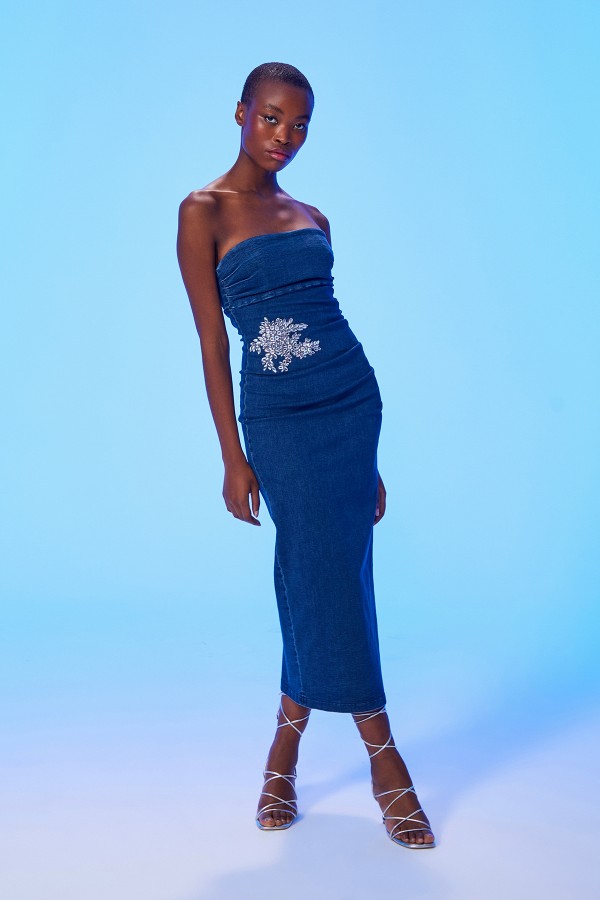 Taşlı Straplez Denim Elbise Indigo