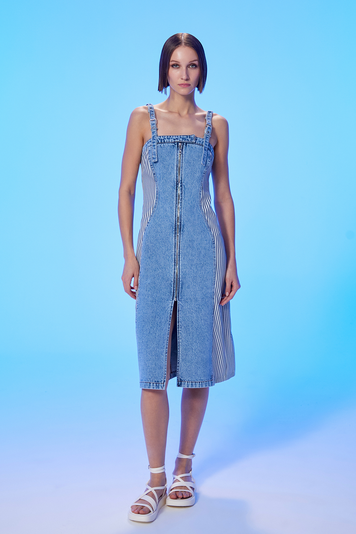 Denim Detaylı Çizgili Elbise Siyah