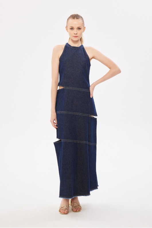 Halter Yaka Maxi Denim Elbise Indigo