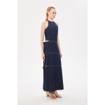 Halter Yaka Maxi Denim Elbise Indigo