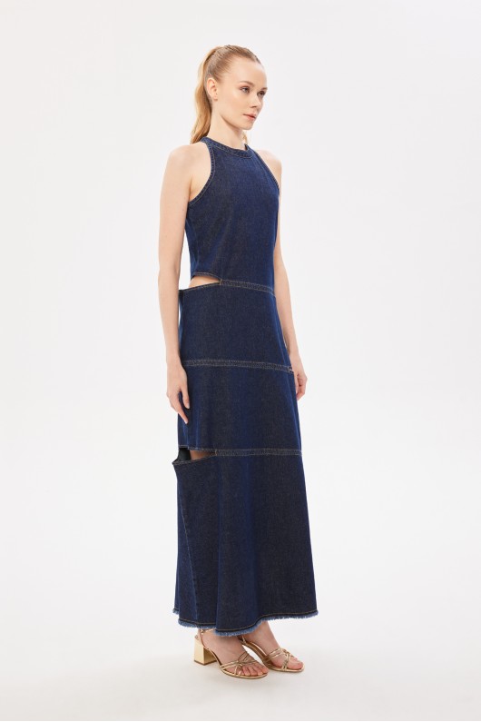 Halter Yaka Maxi Denim Elbise Indigo