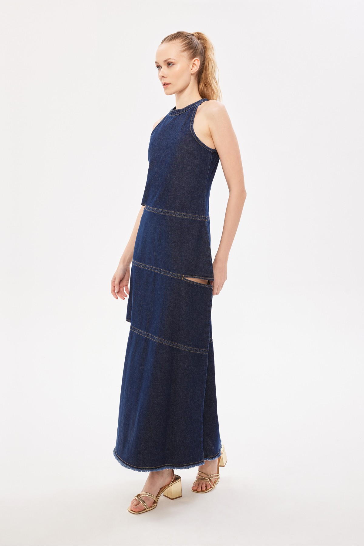 Halter Yaka Maxi Denim Elbise Indigo