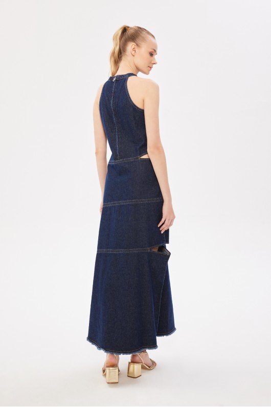 Halter Yaka Maxi Denim Elbise Indigo