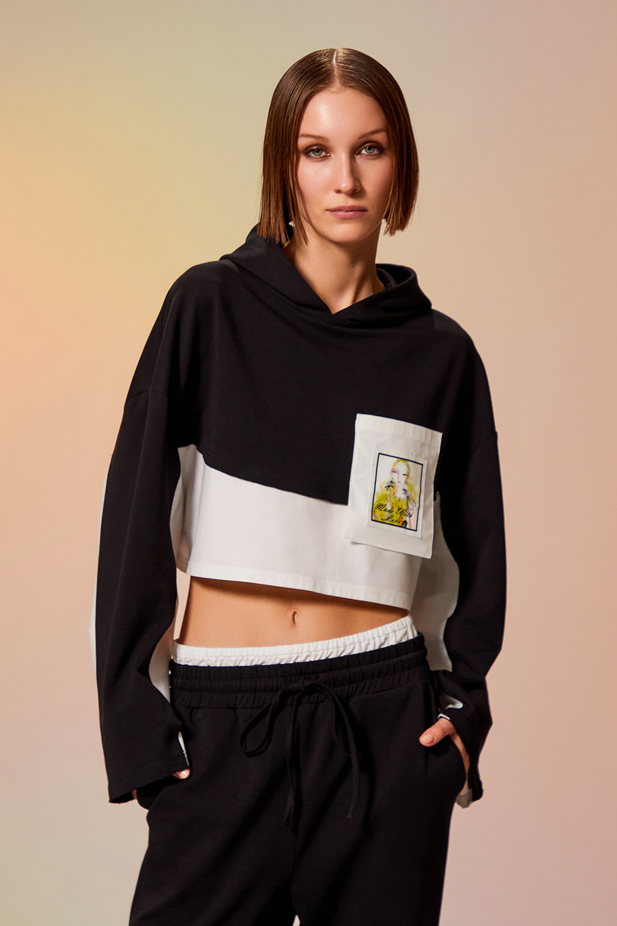 Çift Renk Kapişonlu Sweatshirt Siyah