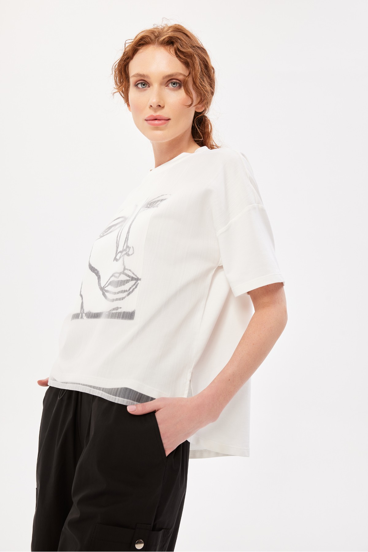 Baskılı T-Shirt Ekru