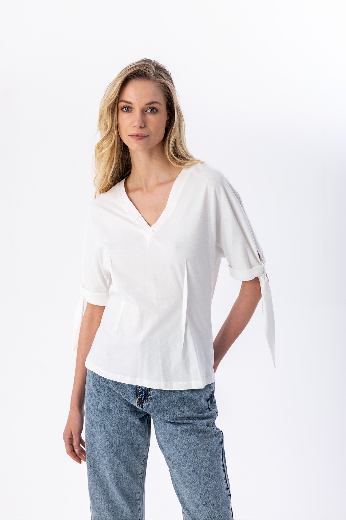 Kolu Bağlamalı T-shirt Ekru