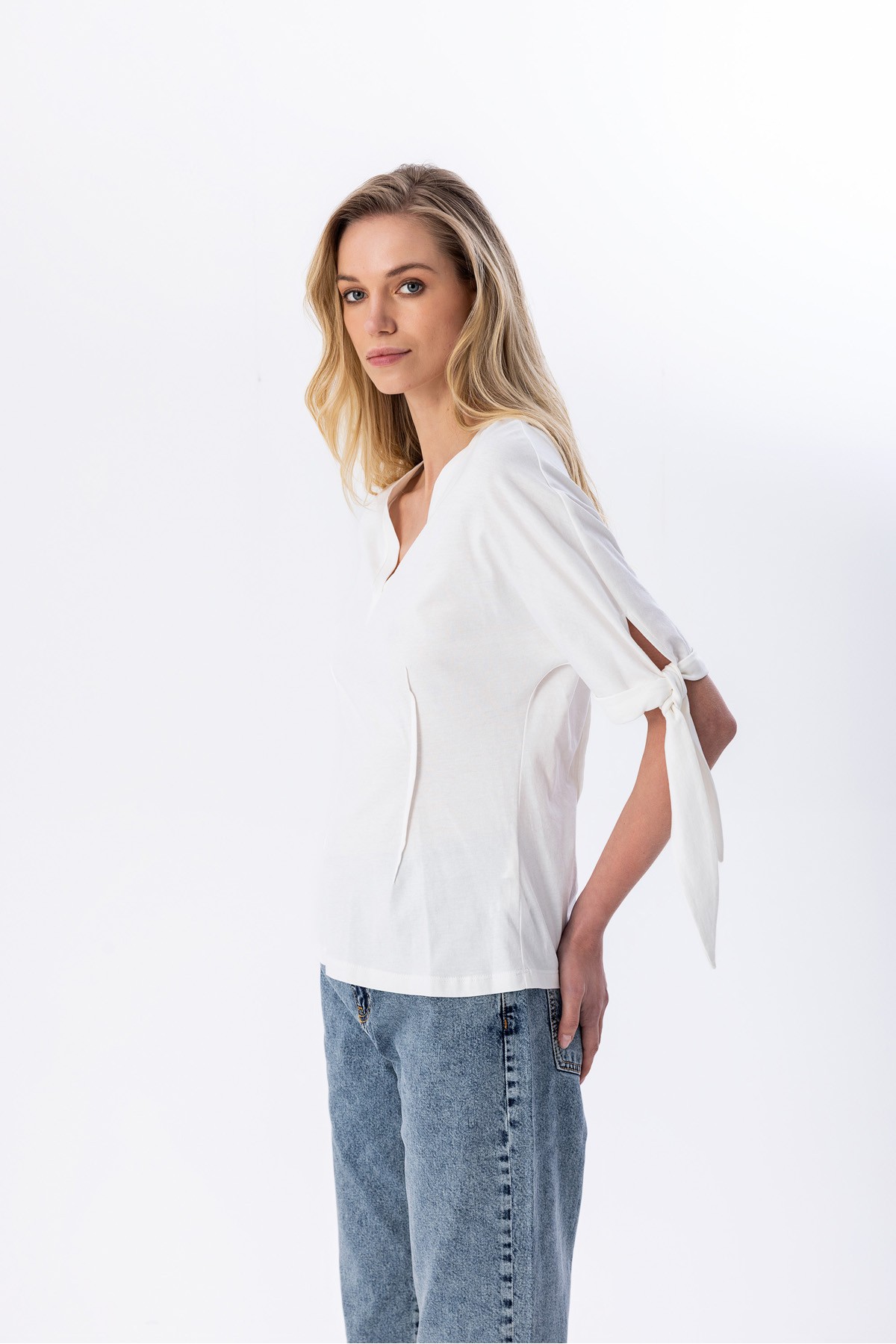 Kolu Bağlamalı T-shirt Ekru