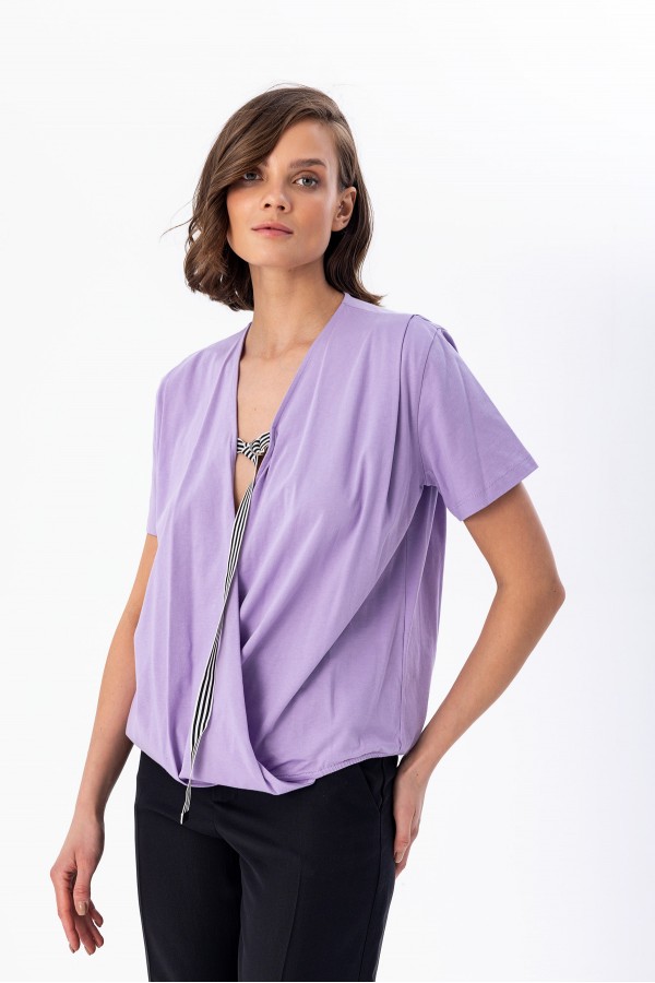 Şeritli Kruvaze T-shirt Li̇la