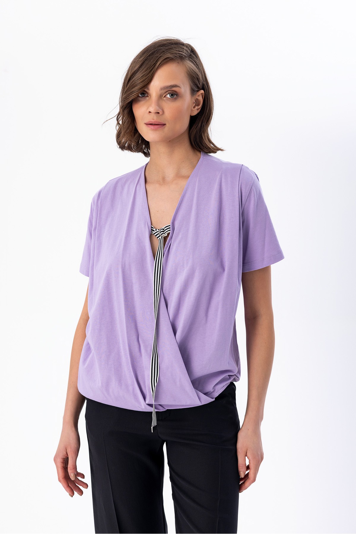 Şeritli Kruvaze T-shirt Li̇la