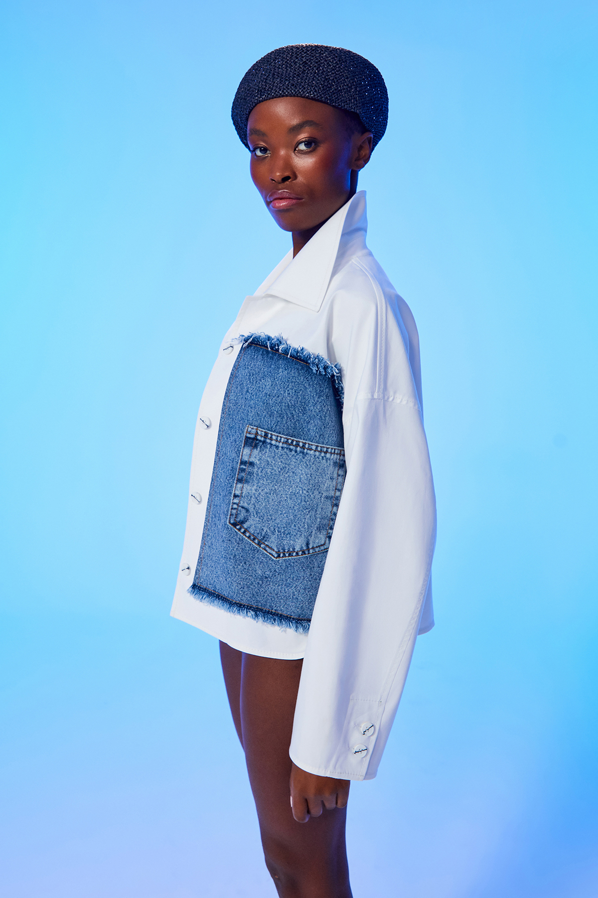 Denim Detaylı Mont Ekru