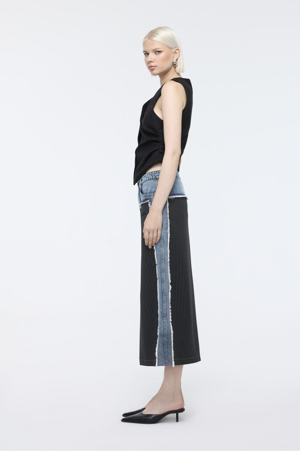 Denim Garnili Çizgili Etek Siyah
