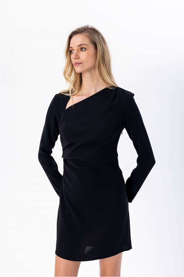 Asimetrik Yaka Mini Elbise Siyah