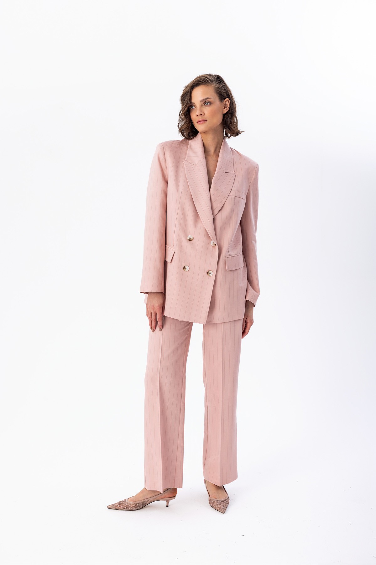 Oversize Çizgili Blazer Pudra Oversize Çizgili Blazer Pudra