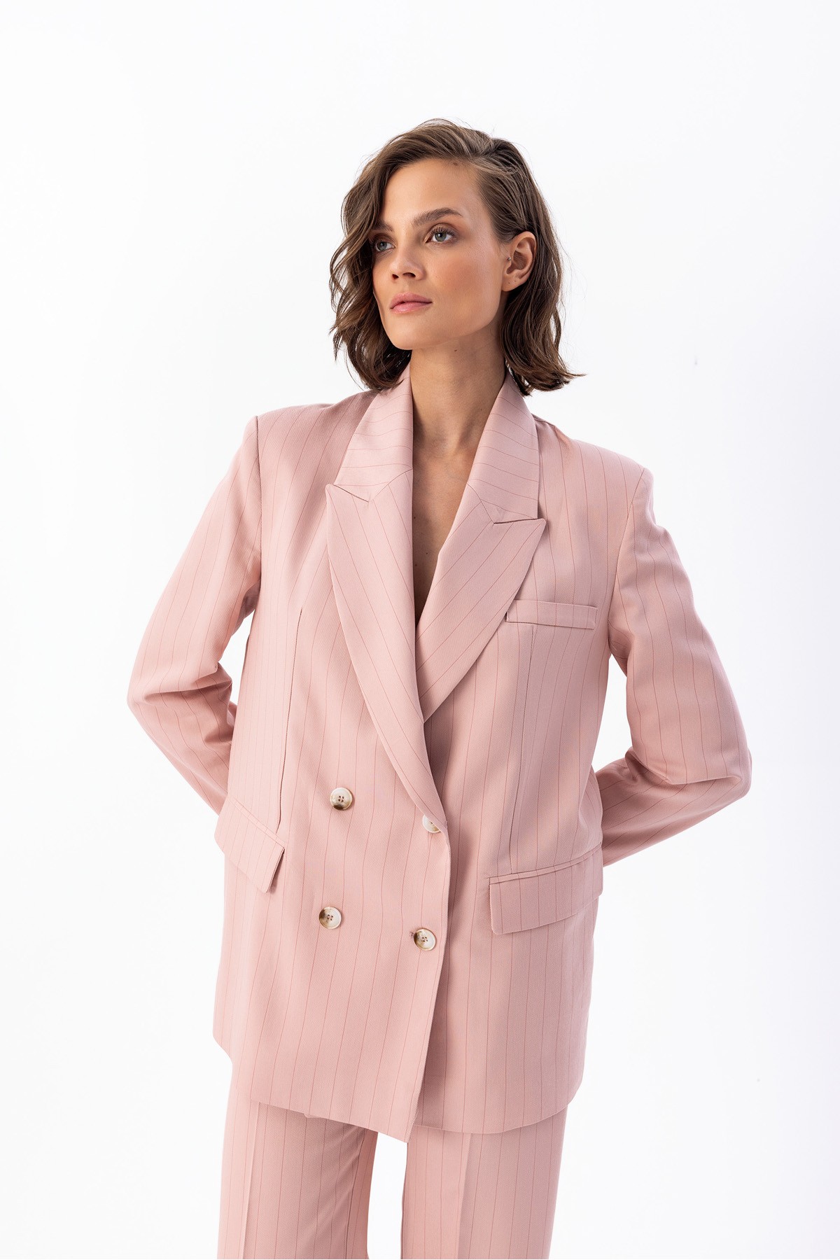 Oversize Çizgili Blazer Pudra Oversize Çizgili Blazer Pudra