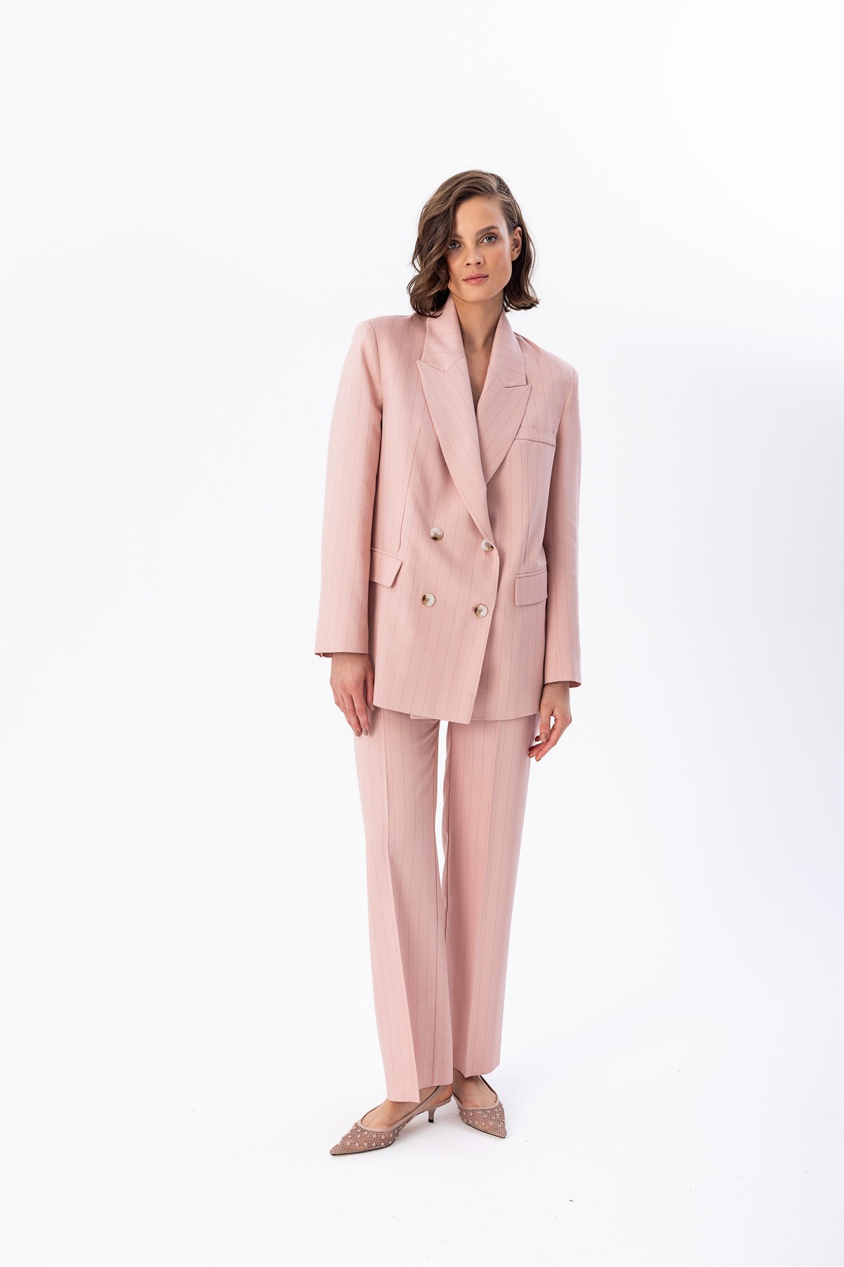 Oversize Çizgili Blazer Pudra Oversize Çizgili Blazer Pudra