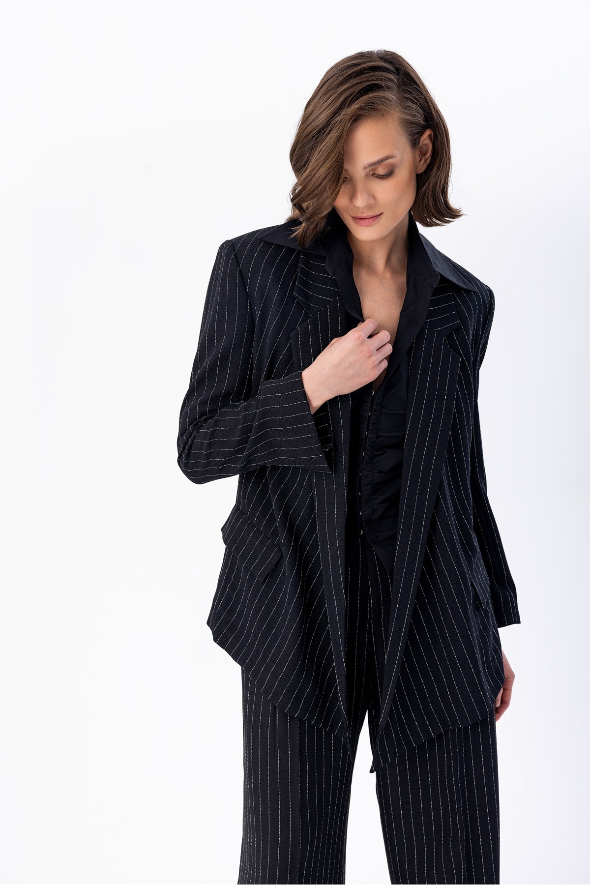 Asimetrik Çizgili Blazer Siyah