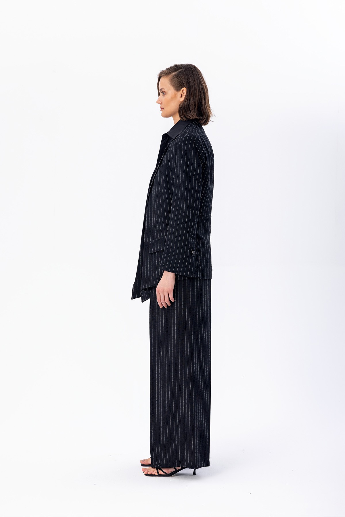 Asimetrik Çizgili Blazer Siyah